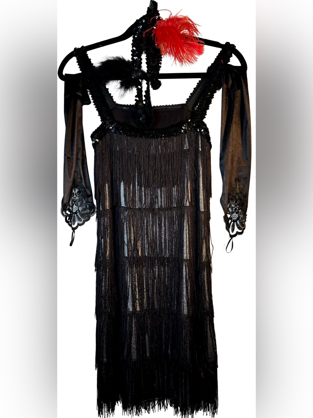 Halloween costume flapperBlack Fringe Dress with fingerless gloves 2 headbands